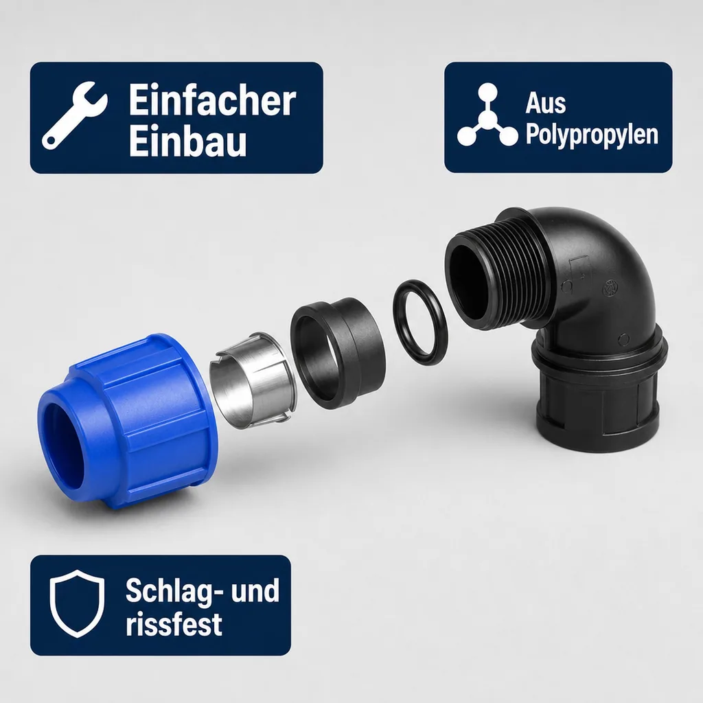 PP PE Rohr Verschraubung 90° Winkel 32 x 1/2" AG