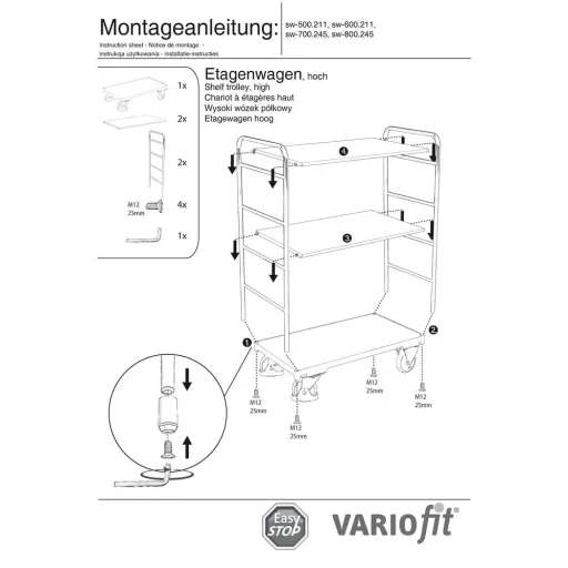 Etagenwagen hoch 3 Böden 250 kg Traglast Typ XL + EasySTOP