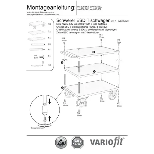 ESD Tischwagen, Schwerlast Werkstattwagen, 400kg Traglast, 3 Ladeflächen