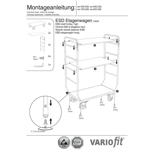 ESD Etagenwagen, hoch, 3 Böden, 250kg Traglast, Werkstattwagen ESD