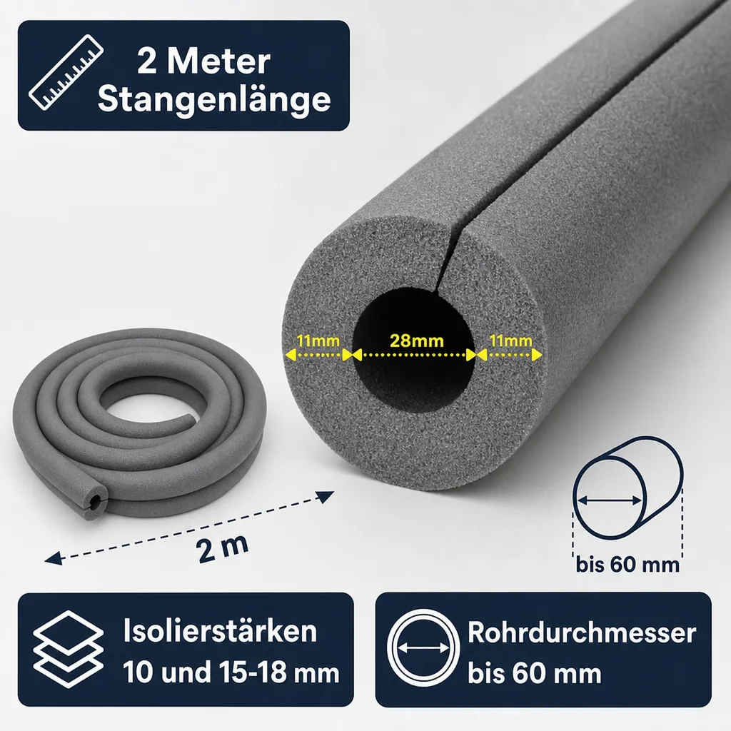INSUL-TUBE® H PLUS XT Kautschuk 2m Rohrisolierung Ø 28 mm x 10 mm Dämmung 50% GEG selbstklebend