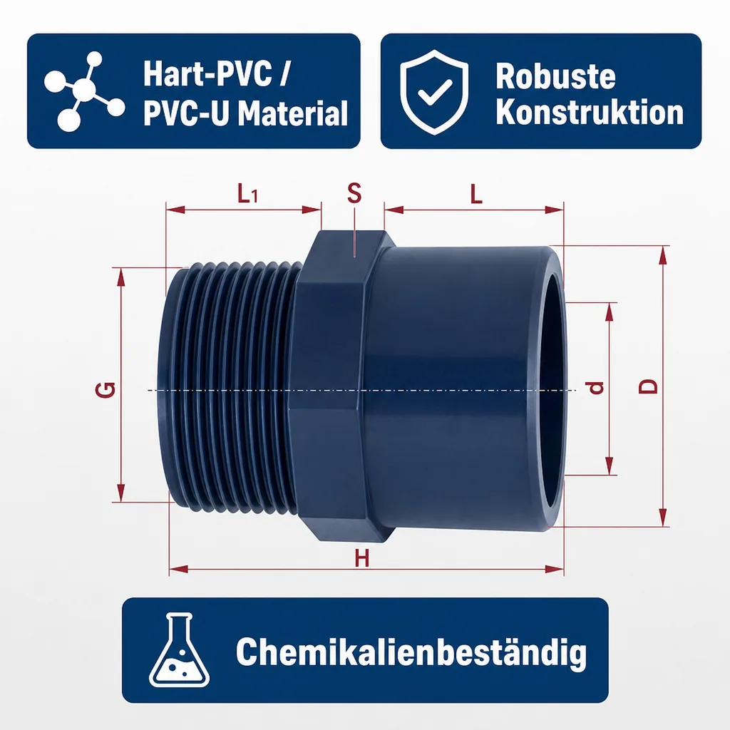 PVC Fitting Übergangsmuffe 25-20mm x 3/4" PN10, Hart PVC