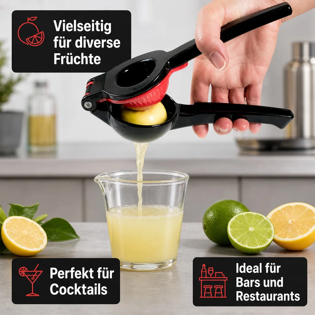 Zitronenpresse, Zitruspresse, Limettenpresse - SQUEEZY, (Black Edition) - Manuelle aus Aluminiumguss