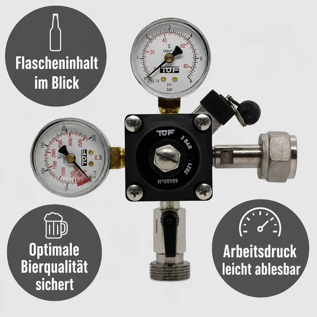 Druckminderer, Druckregler, Druckreduzierventil - CO2 für Bier Zapfanlage 3 bar, 1-leitig