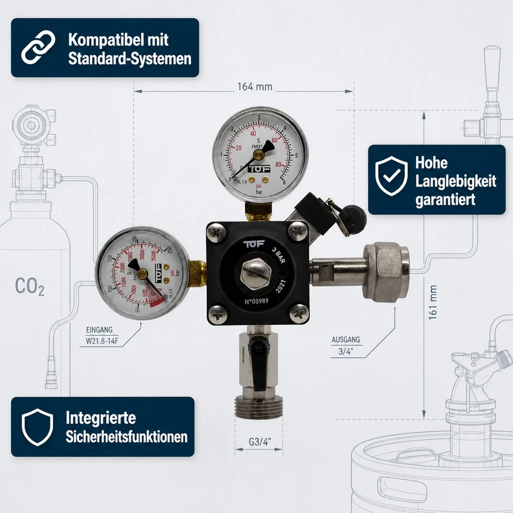 Druckminderer, Druckregler, Druckreduzierventil - CO2 für Bier Zapfanlage 3 bar, 1-leitig