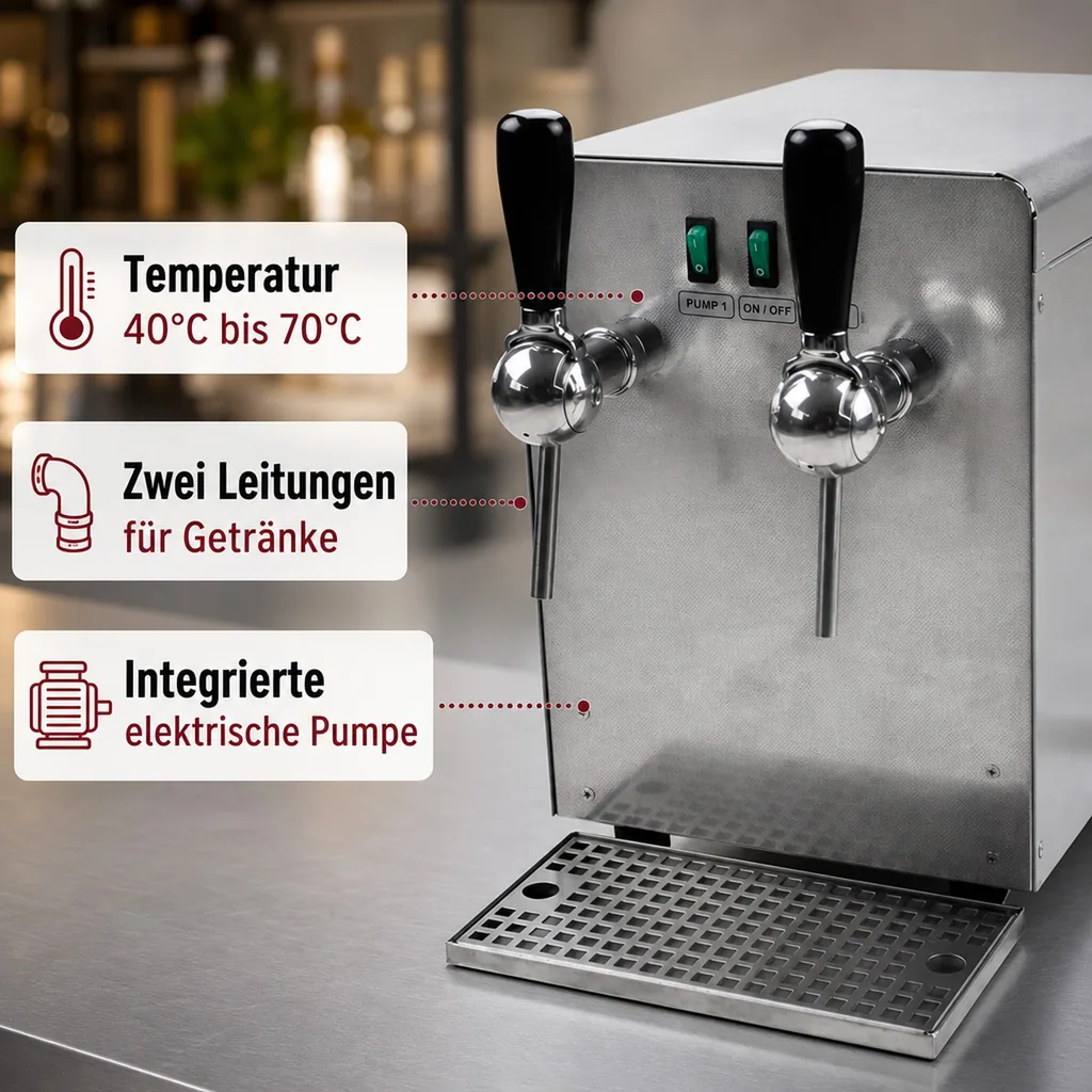 Glühweinzapfanlage, Getränke-Durchlauferhitzer mit/ohne Pumpe, 2 leitig - Heißgetränke, Ausführung: Mit integrierter elektrischer Pumpe - 2 ltg.