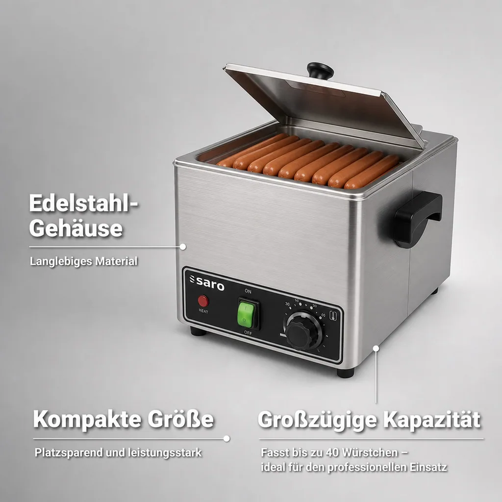 Hot Dog Maker, Hot Dog Maschine, Wurstwärmer - Modell LYRIA, Edelstahl, für schnelle & einfache Hot Dogs
