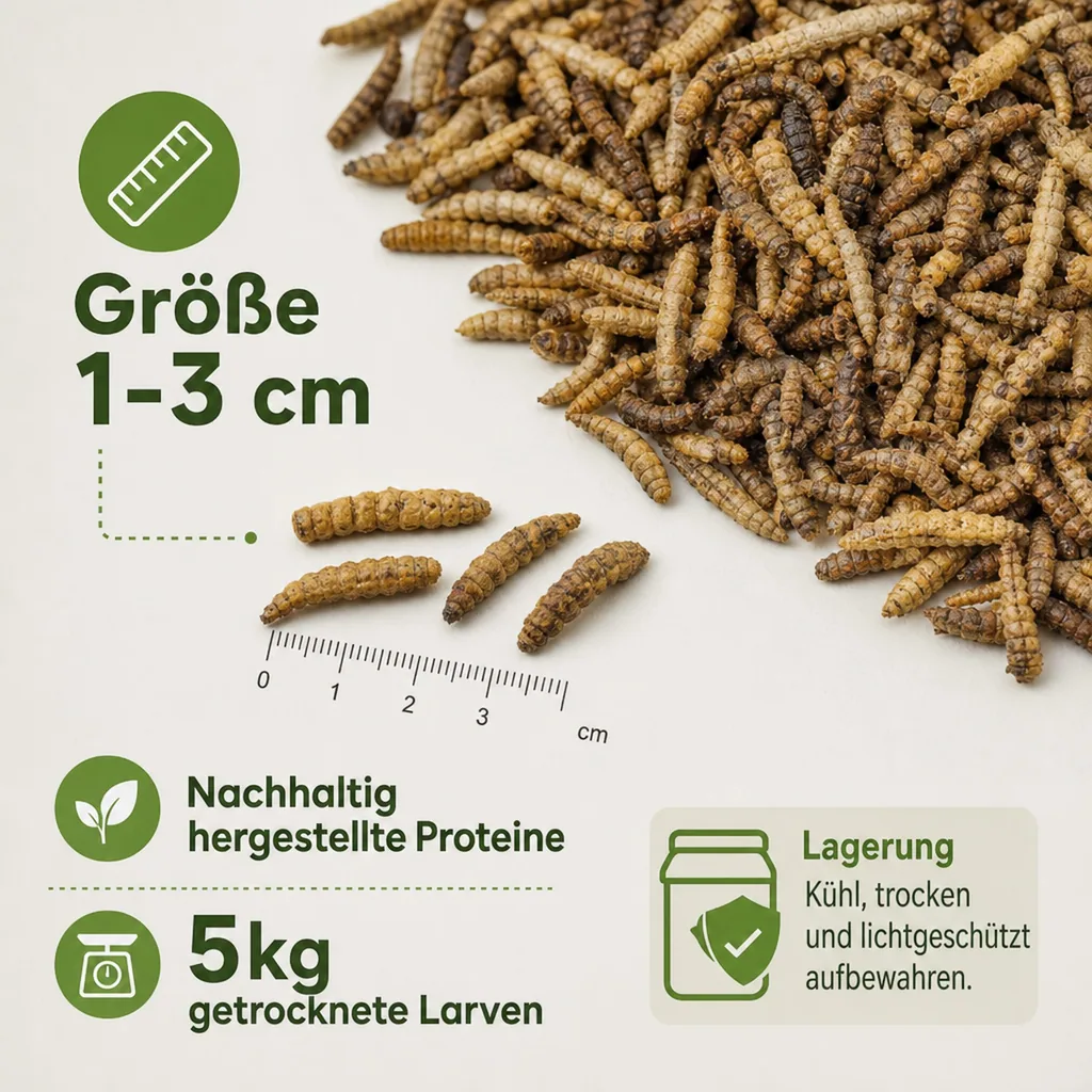 28,5 Liter Soldatenfliegenlarven (5kg) - Ganze, getrocknete Hermetia illucens
