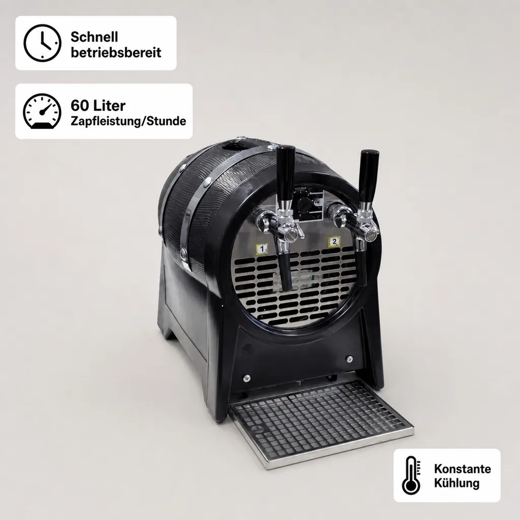 Durchlaufkühler Bier, Durchlaufkühler, Bierzapfanlage, Bierkühler, Trockenkühlgerät, Partyfass - mit Zierringen, 2 Hähne, 60 l/Std