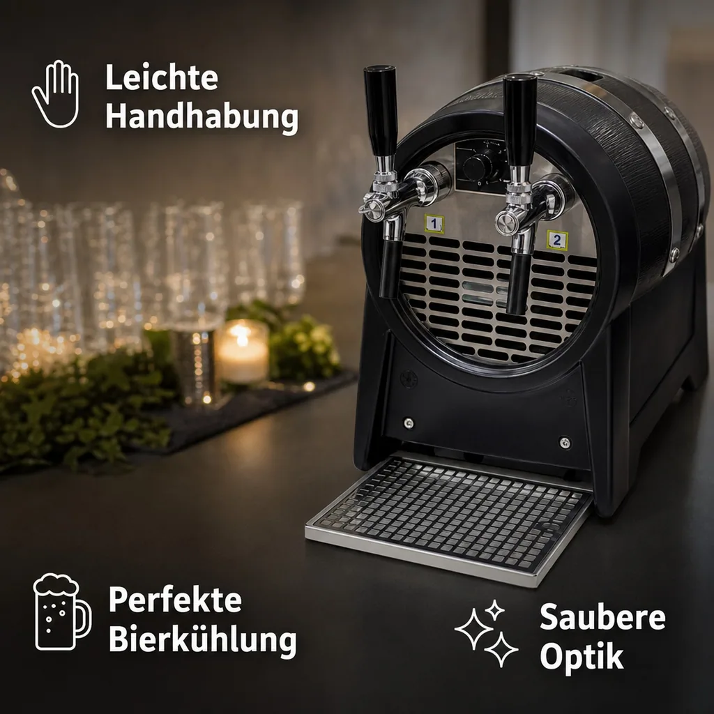 Durchlaufkühler Bier, Durchlaufkühler, Bierzapfanlage, Bierkühler, Trockenkühlgerät, Partyfass - mit Zierringen, 2 Hähne, 60 l/Std