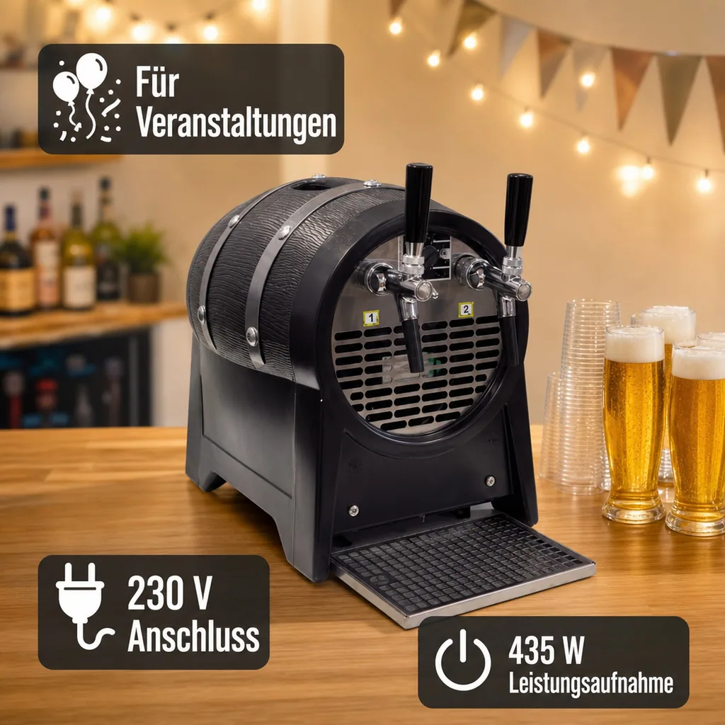 Durchlaufkühler Bier, Durchlaufkühler, Bierzapfanlage, Bierkühler, Trockenkühlgerät, Partyfass - mit Zierringen, 2 Hähne, 60 l/Std