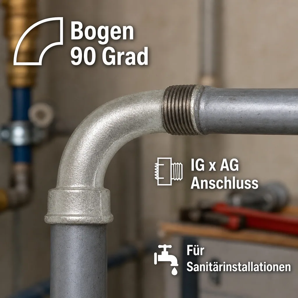 Gewindefitting, Tempergussfitting, Bogen 90 Grad, 1 1/4 Zoll, IG x AG