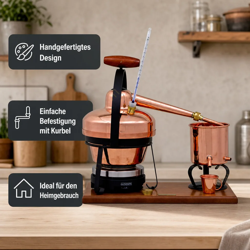 Destille, Destilliergerät, Destillationsapparatur - Premium, mit Elektrischer Kochplatte und Thermometer, 1,25L