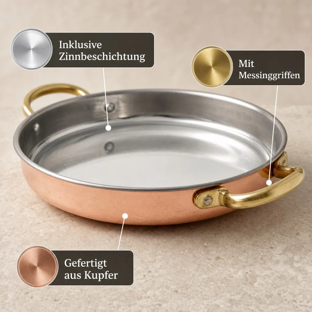 Bratpfanne, Kupferpfanne mit Griffen - aus Kupfer und Messing, 16cm