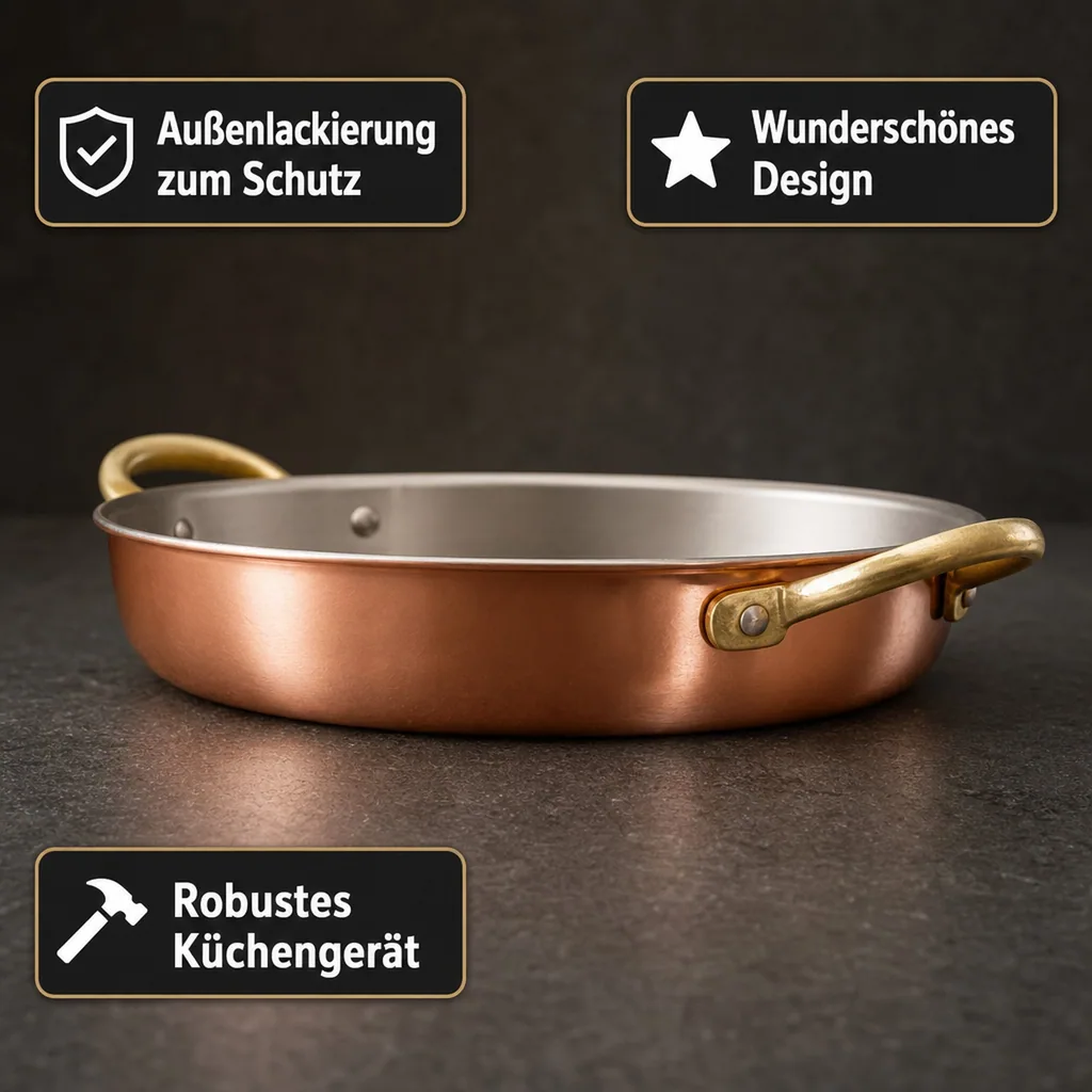 Bratpfanne, Kupferpfanne mit Griffen - aus Kupfer und Messing, 20cm