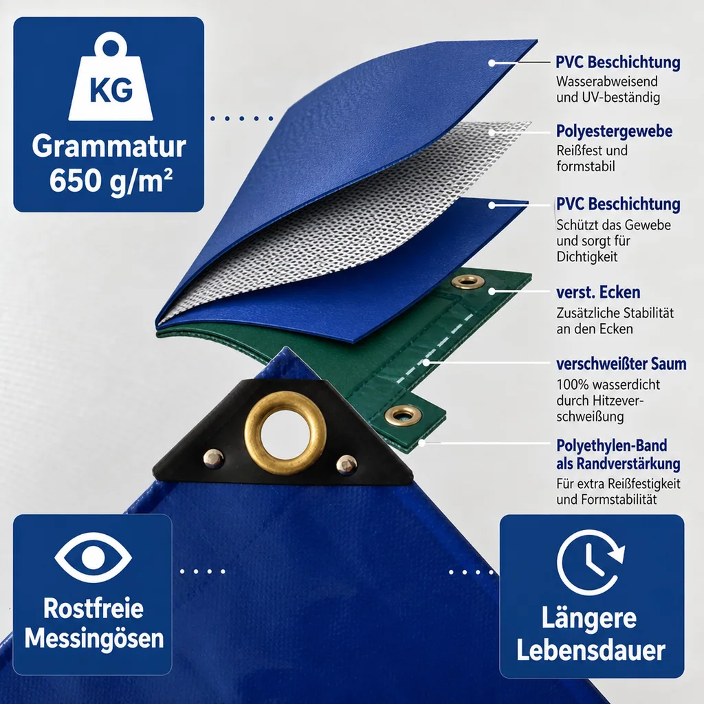 PVC Abdeckplane 6x12m, 650g/m², blau, wasserdicht, reißfest (72m²)
