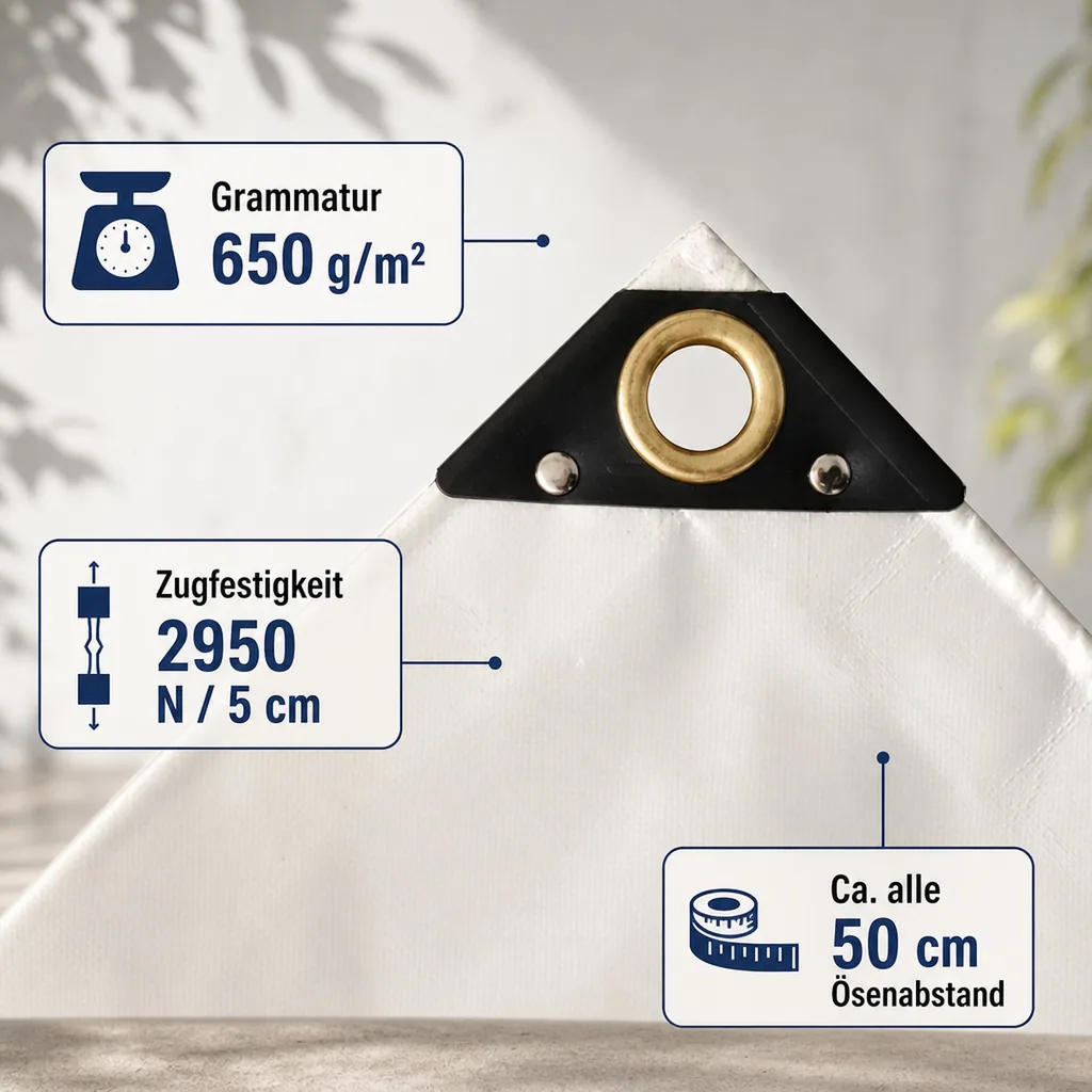 Abdeckplane, Gewebeplane 3x5m, 15m², PVC 650g/m², weiß, wasserdicht, reißfest