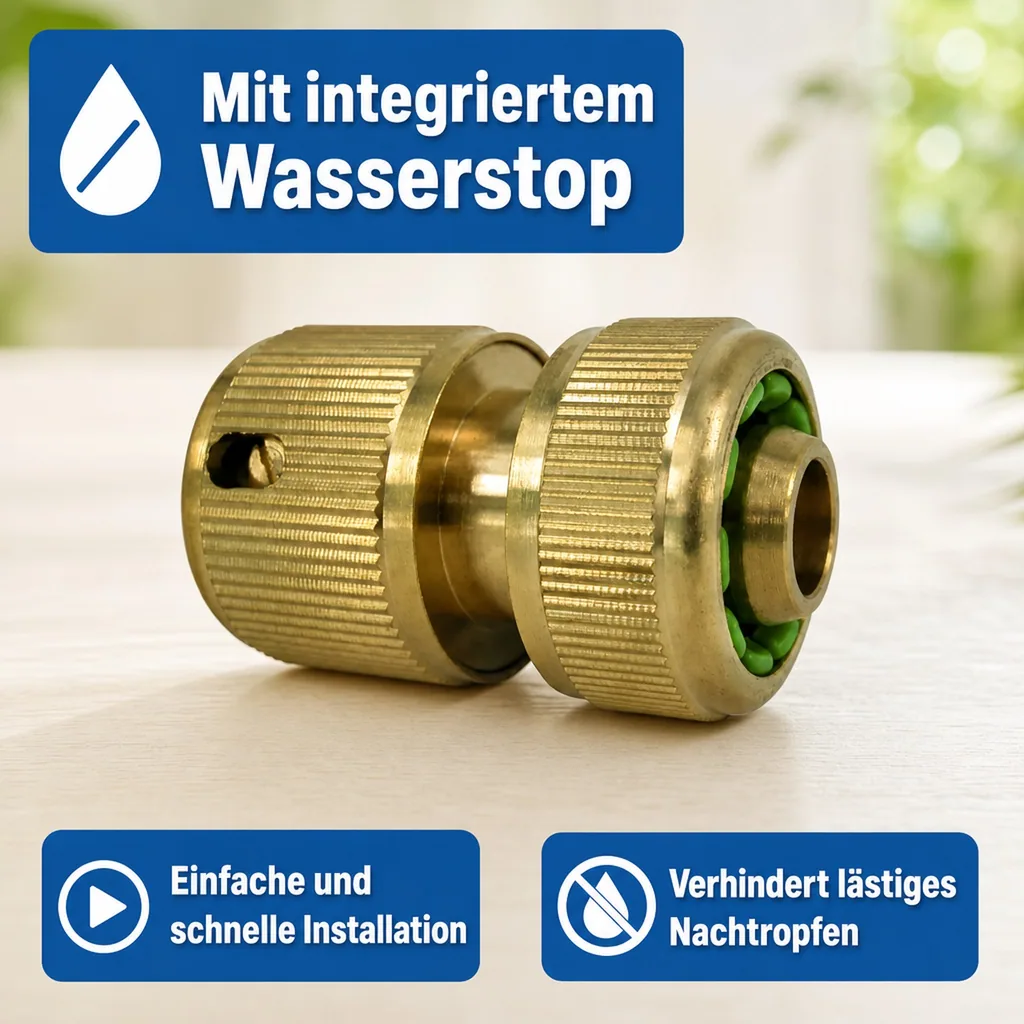 Schnellkupplung 3/4 Zoll Messing, mit Wasserstop, Gartenschlauch