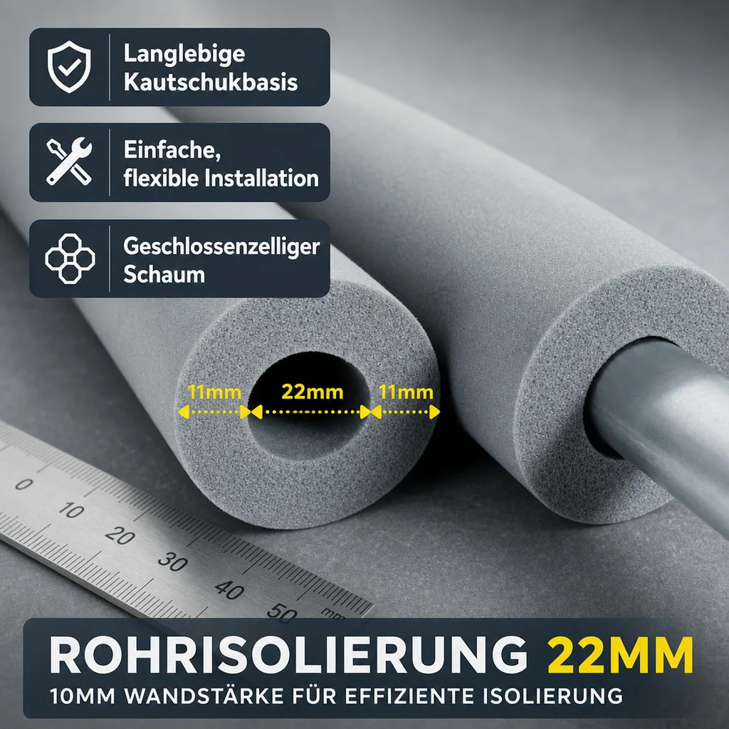 Rohrisolierung 22mm, Kautschuk, 2m, Heizungsrohr Isolierung, 10mm, Schwarz