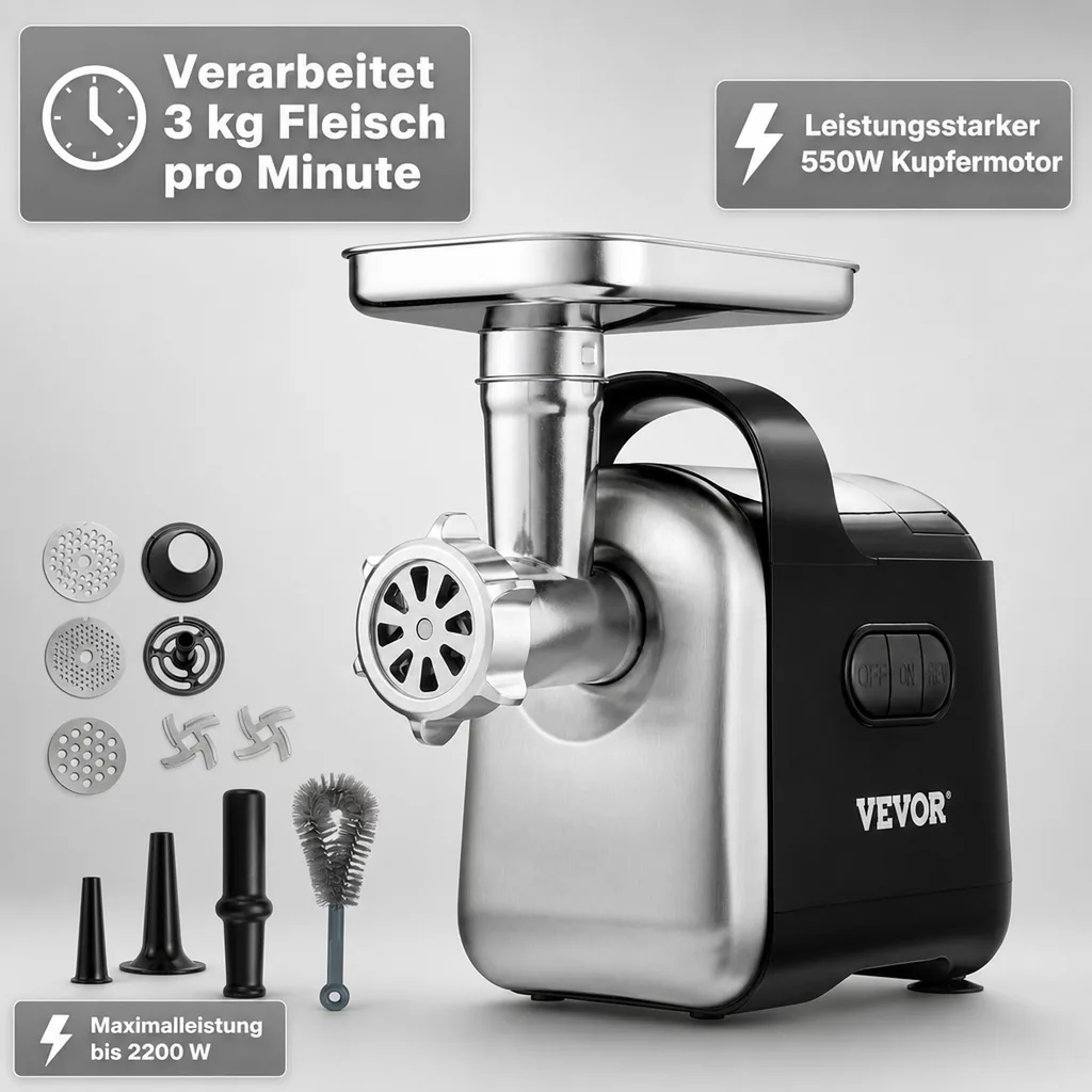 Fleischwolf, Fleischmaschine 550W - 3 kg/Minute Hackfleisch, Elektrisch
