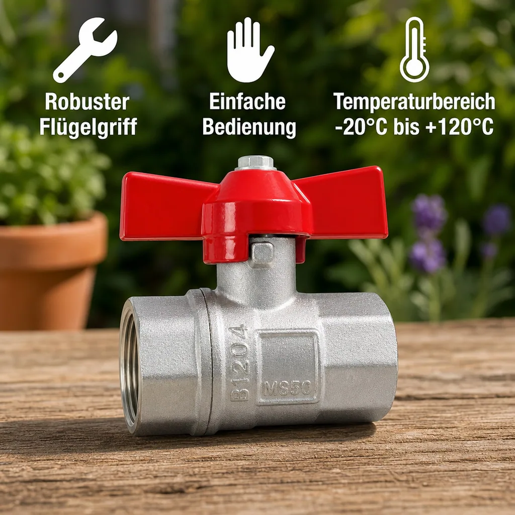 Kugelhahn 1/2 Zoll, Flügelgriff, Messing, Innengewinde