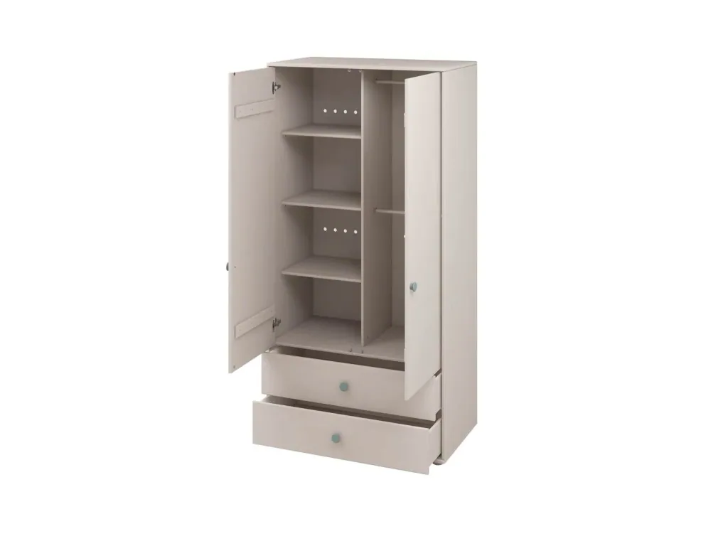 Flexa Kleiderschrank - Classic, mit 2 Türen und 2 Schubladen, 101,3x202,5 cm, Farbe: Grau gekalkt / Grau gekalkt / Türkis