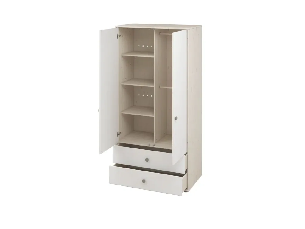 Flexa Kleiderschrank - Classic, mit 2 Türen und 2 Schubladen, 101,3x202,5 cm, Farbe: Weiß gekalkt / Weiß / Naturgrün