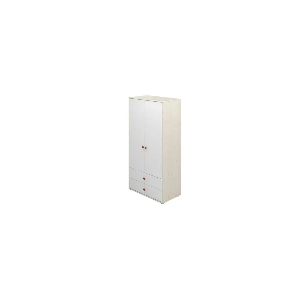 Flexa Kleiderschrank - Classic, mit 2 Türen und 2 Schubladen, 101,3x202,5 cm, Farbe: Weiß gekalkt / Weiß / Rouge