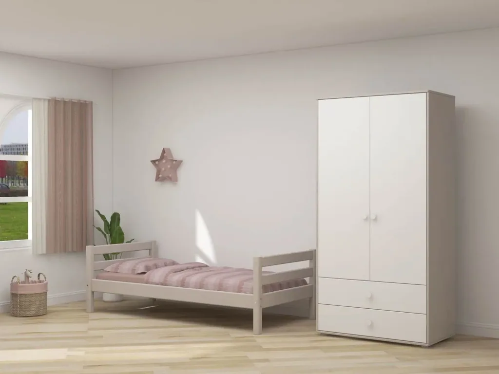 Flexa Kleiderschrank - Classic, mit 2 Türen und 2 Schubladen, 101,3x202,5 cm, Farbe: Grau gekalkt / Weiß / Weiß