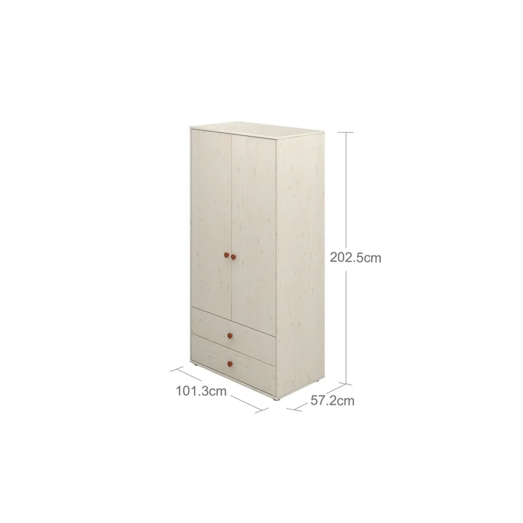 Flexa Kleiderschrank - Classic, mit 2 Türen und 2 Schubladen, 101,3x202,5 cm, Farbe: Weiß gekalkt / Weiß gekalkt / Rouge