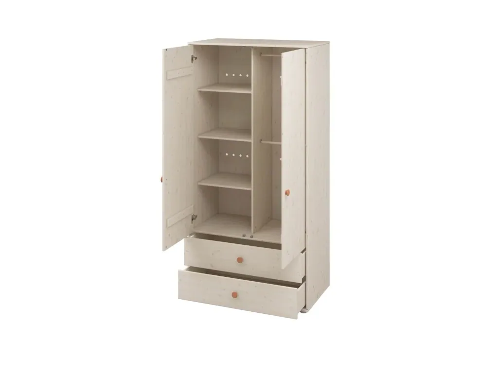 Flexa Kleiderschrank - Classic, mit 2 Türen und 2 Schubladen, 101,3x202,5 cm, Farbe: Weiß gekalkt / Weiß gekalkt / Rouge