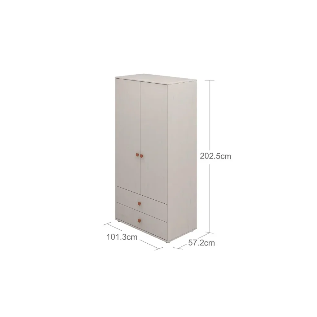 Flexa Kleiderschrank - Classic, mit 2 Türen und 2 Schubladen, 101,3x202,5 cm, Farbe: Grau gekalkt / Grau gekalkt / Rouge