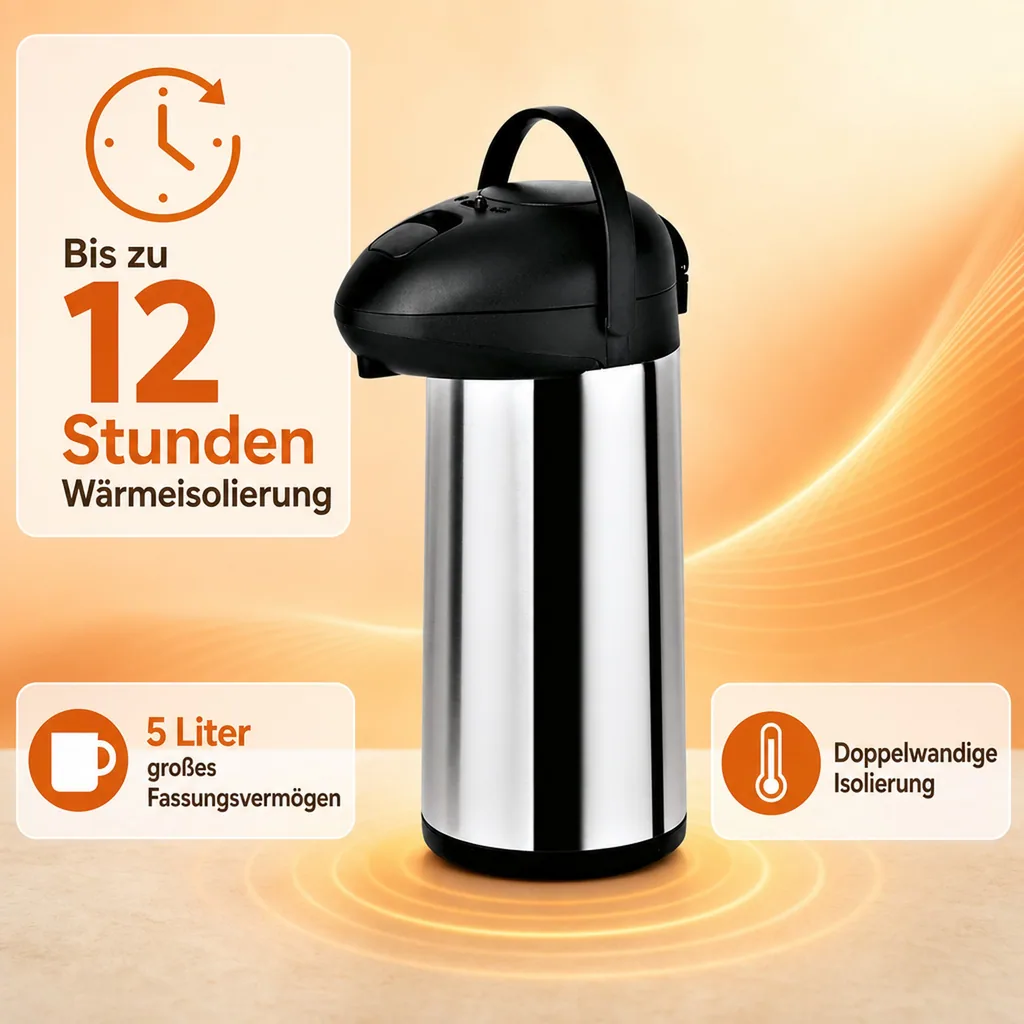 Thermoskanne, Pumpkanne – 5L | Edelstahl | Hält Getränke 12 Stunden warm