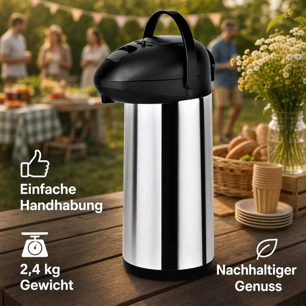 Thermoskanne, Pumpkanne – 5L | Edelstahl | Hält Getränke 12 Stunden warm