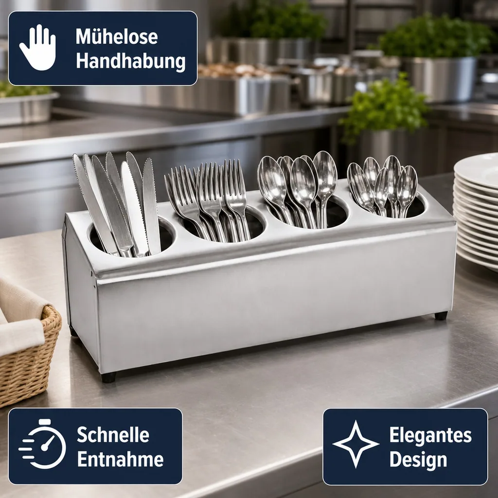 Besteckkasten, Besteckeinsatz, Besteckbox Gastro für 4 Besteckköcher: Edelstahl, Rutschfest & Platzsparend