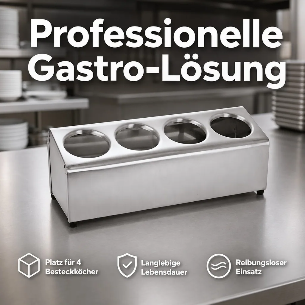 Besteckkasten, Besteckeinsatz, Besteckbox Gastro für 4 Besteckköcher: Edelstahl, Rutschfest & Platzsparend