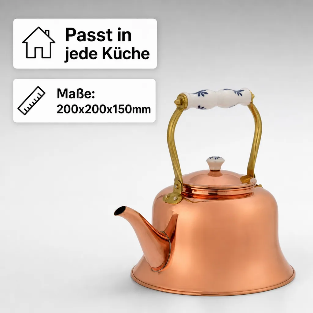 Wasserkessel, Teekessel - aus Kupfer, mit Porzellanhenkel, 1,5L