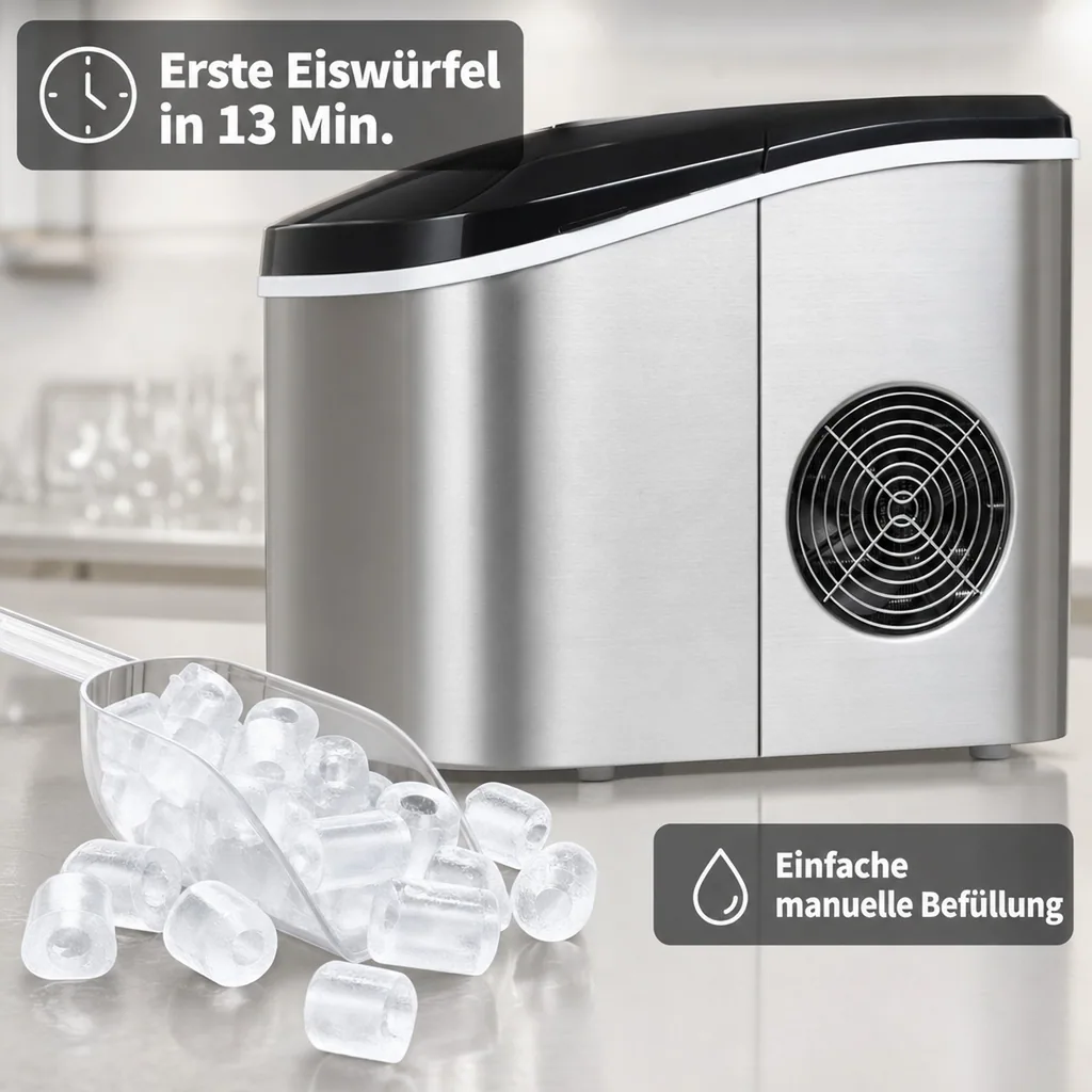 IceAge Eiswürfelmaschine 18 kg/24 Std. – Edelstahl, 2 Eiswürfelgrößen, 1,5 l Wassertank