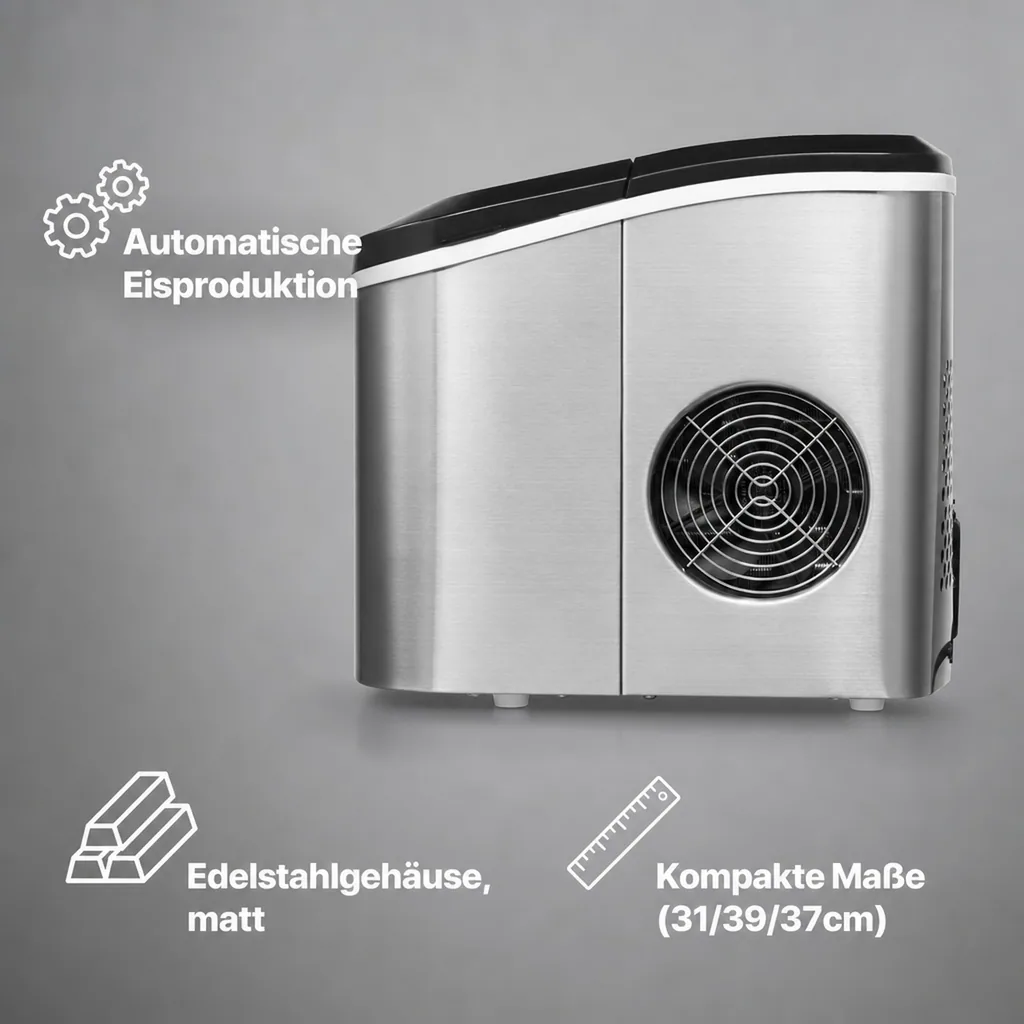 IceAge Eiswürfelmaschine 18 kg/24 Std. – Edelstahl, 2 Eiswürfelgrößen, 1,5 l Wassertank