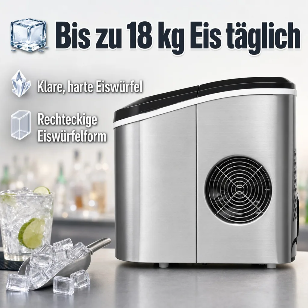 IceAge Eiswürfelmaschine 18 kg/24 Std. – Edelstahl, 2 Eiswürfelgrößen, 1,5 l Wassertank