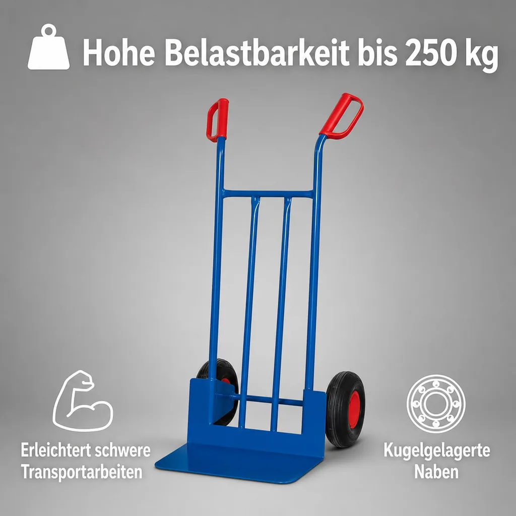 Sackkarre, Stahlrohr Sackkarre 250 kg, mit Luftbereifung & großer Schaufel