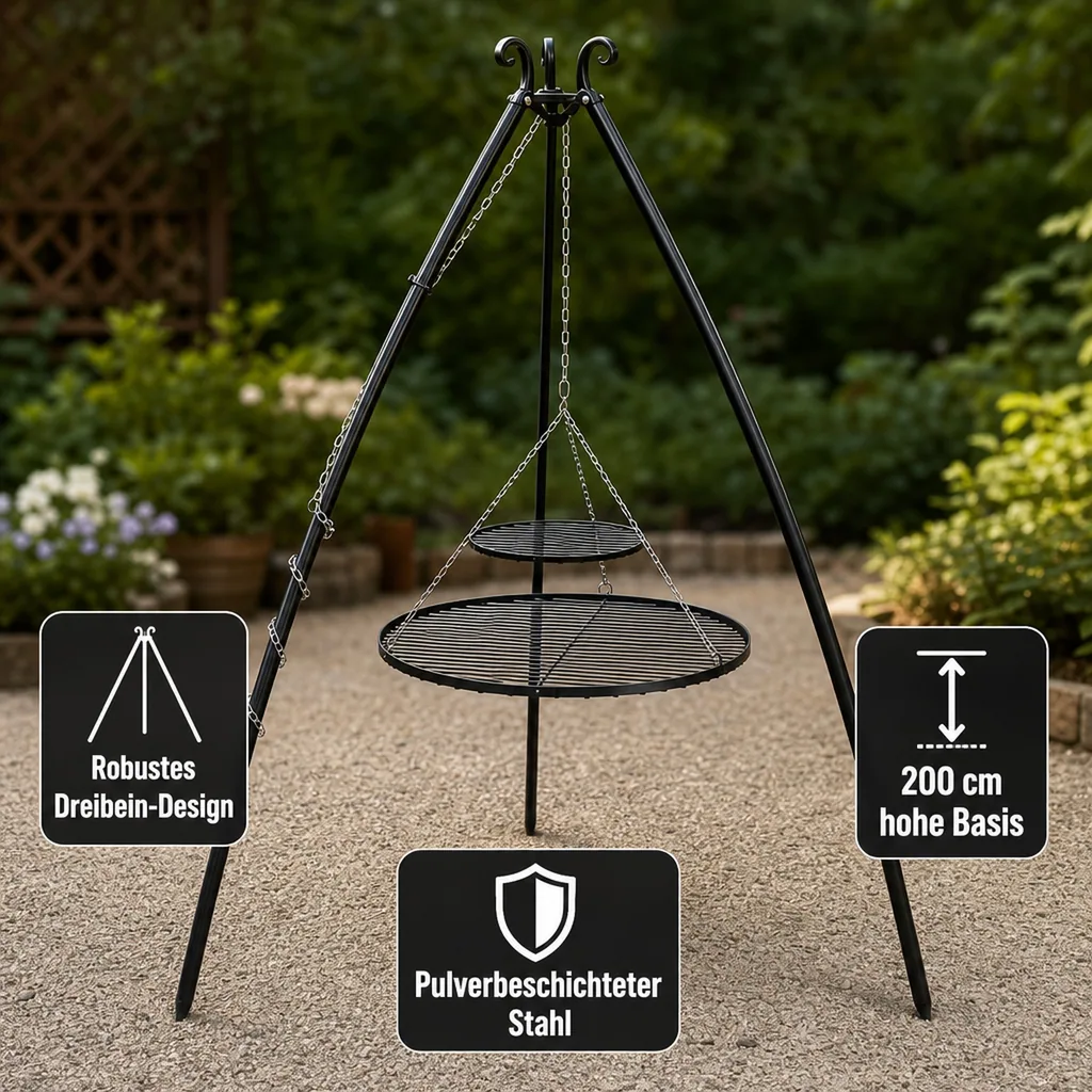 Schwenkgrill, Dreibein Grill, Gartengrill, Doppelrost, 200cm