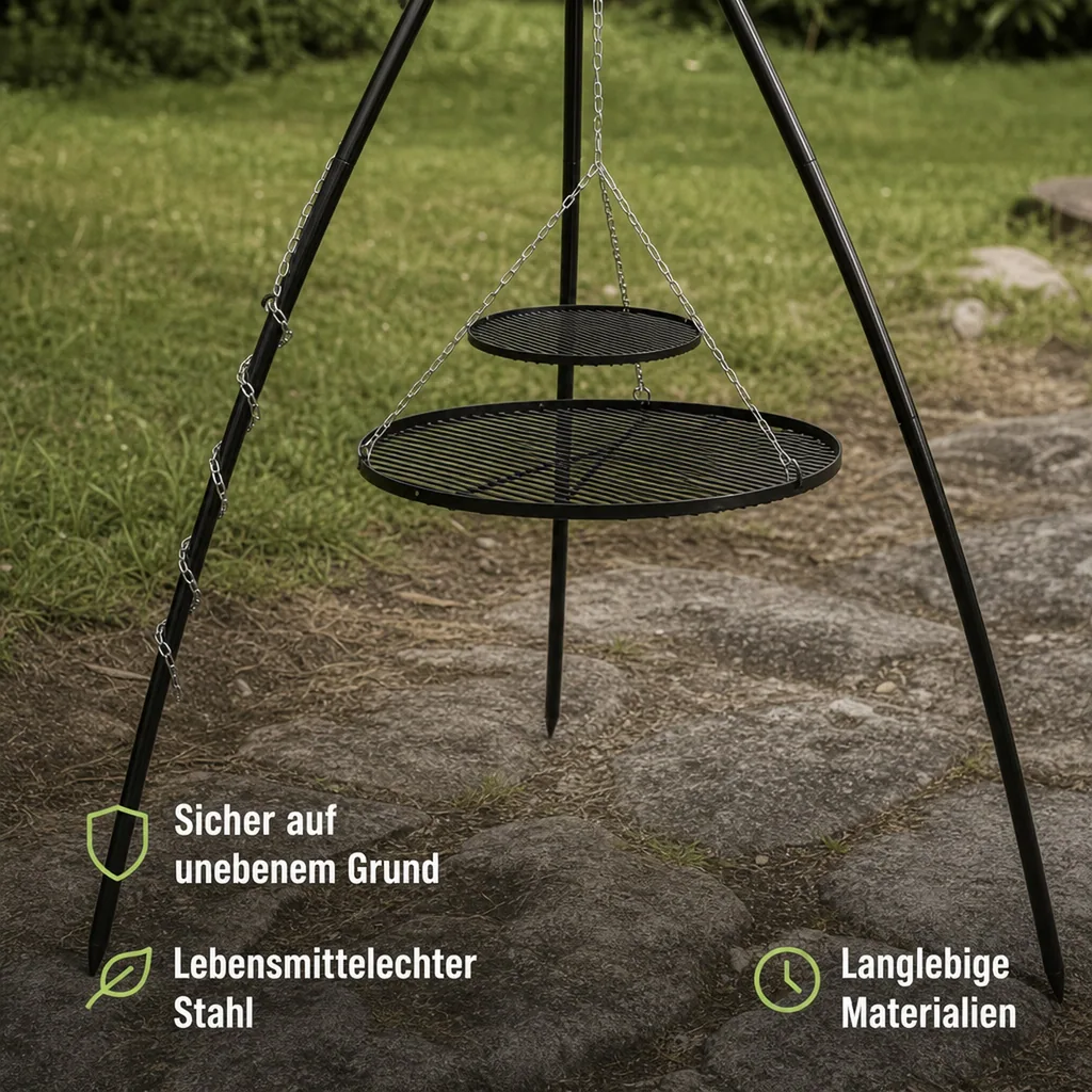 Schwenkgrill, Dreibein Grill, Gartengrill, Doppelrost, 200cm