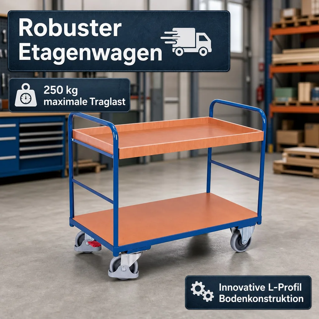 Etagenwagen mit 1 Tablett und 1 Boden 250 kg Traglast Typ XL + EasySTOP