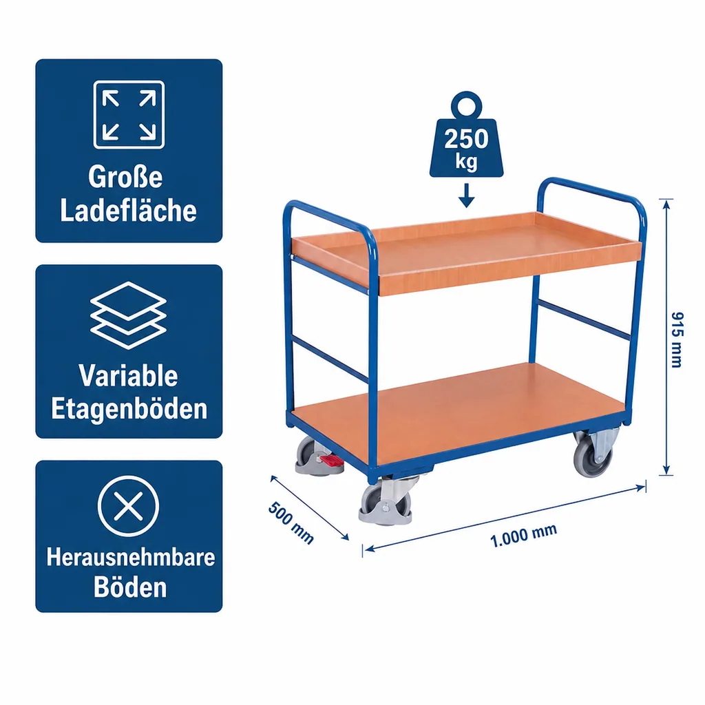 Etagenwagen mit 1 Tablett und 1 Boden 250 kg Traglast Typ XL + EasySTOP