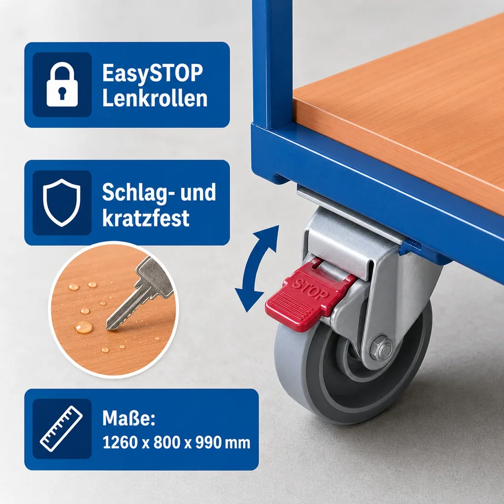 Etagenwagen mit 1 Tablett und 1 Boden 250 kg Traglast Typ XL + EasySTOP