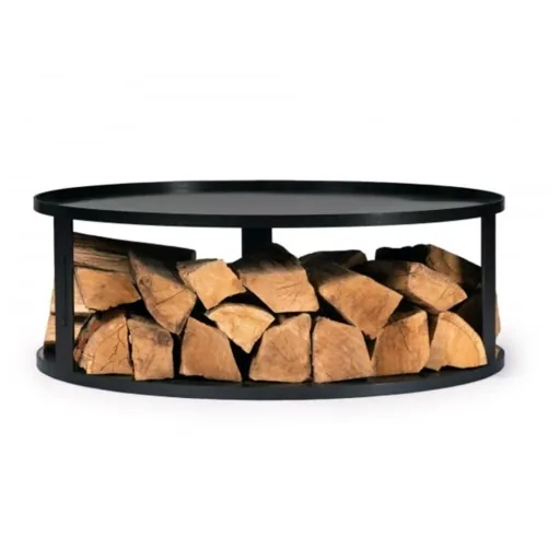 Feuerschale mit Holzfach, Feuerstelle Unterlage, runde Basis 102cm Naturstahl