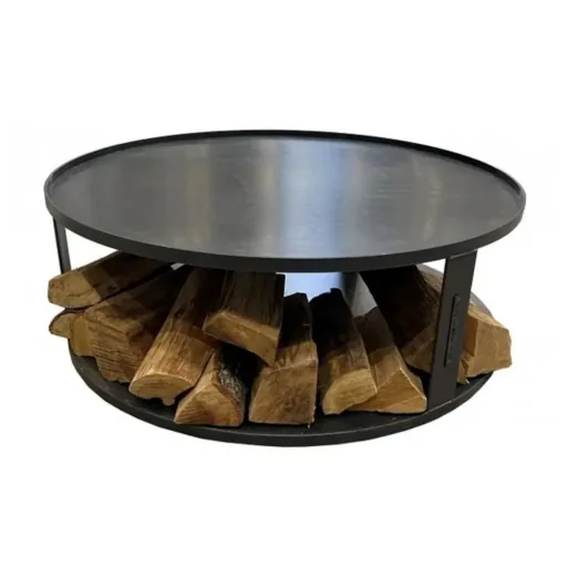 Feuerschale mit Holzfach, Feuerstelle Unterlage, runde Basis 102cm Naturstahl