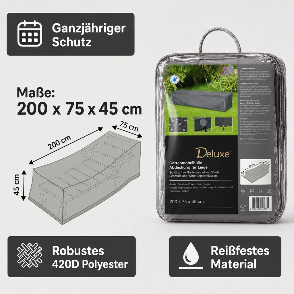 Schutzhülle Liege, Gartenliege Abdeckung, 200x75x45 cm, wasserabweisend, wetterfest