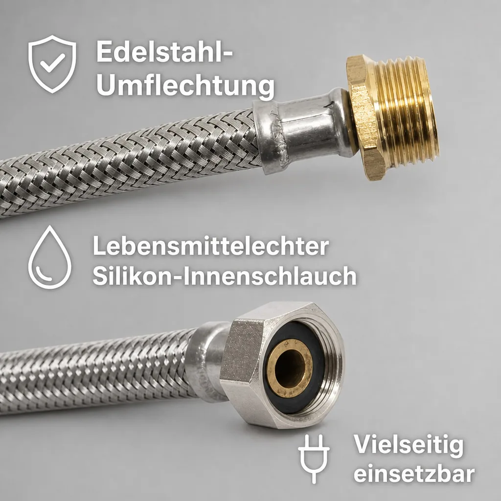 Panzerschlauch, Edelstahl, 1/2 Zoll AG x 3/8 Zoll ÜM, 2000 mm, DVGW
